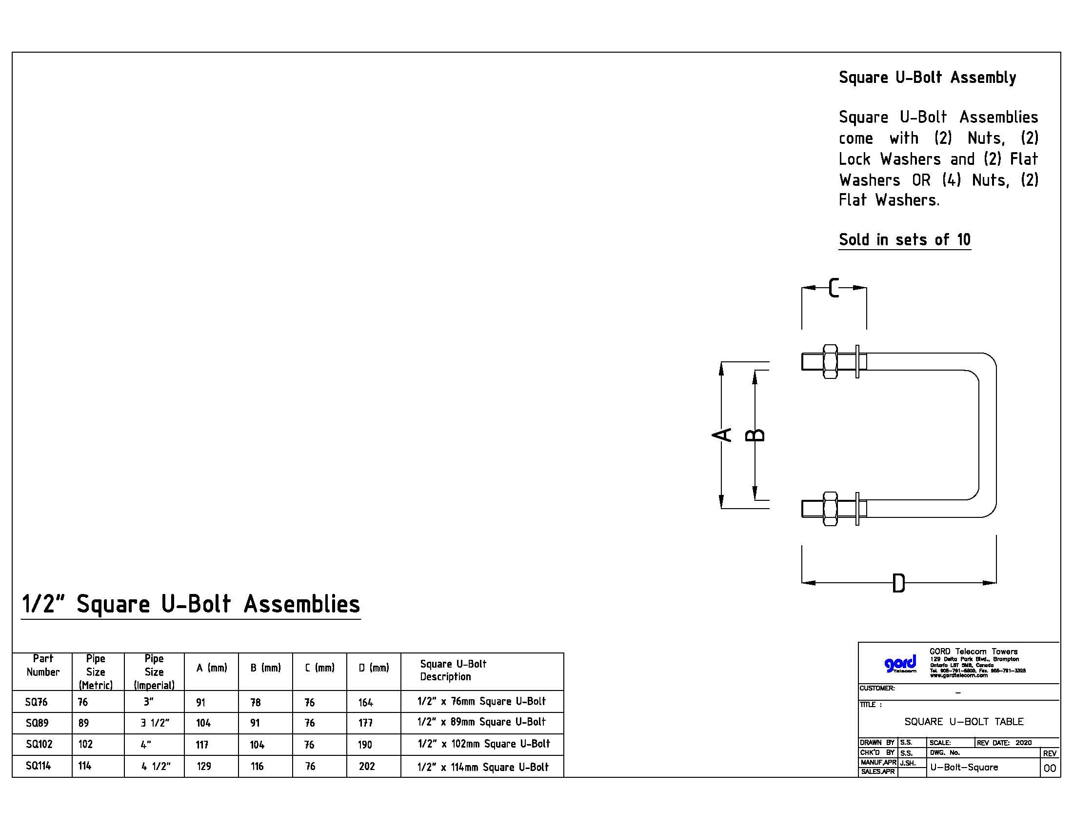 1/2" Square U-Bolt Assembly Dimensions Chart